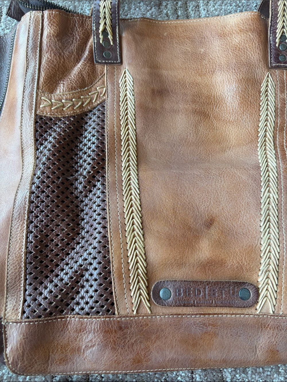 NWT Bed Stu Amelie Two-Tone Brown Leather Shoulder Tote - Picture 2 of 7